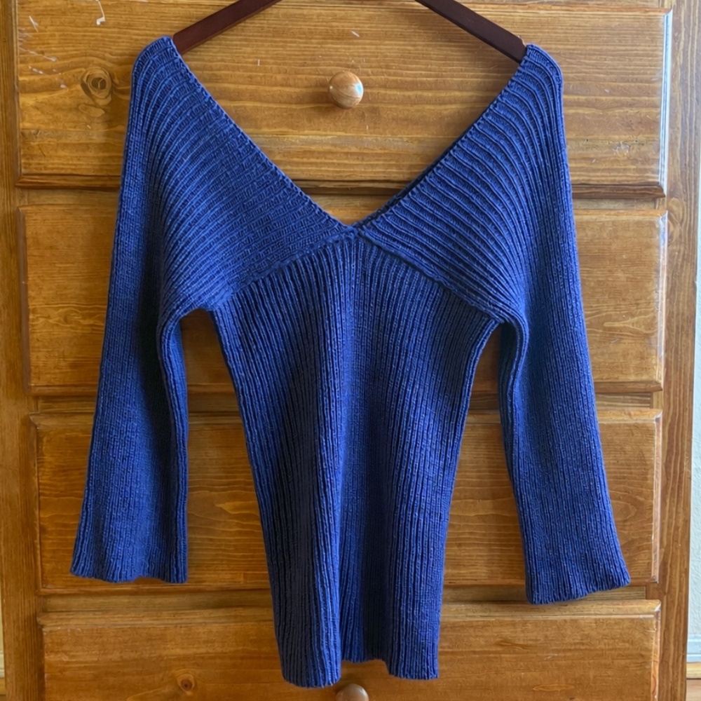 Royal Blue Ribbed Off-Shoulder Sweater | Made in Italy | Flare Sleeve